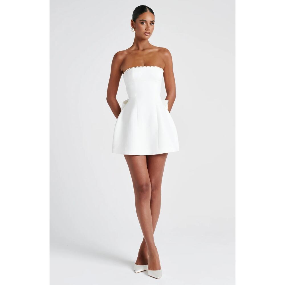 NWT Babyboo Suni Ivory Bow Pearl Trim Strapless Cocktail Mini Dress Women Size M - Picture 4 of 16